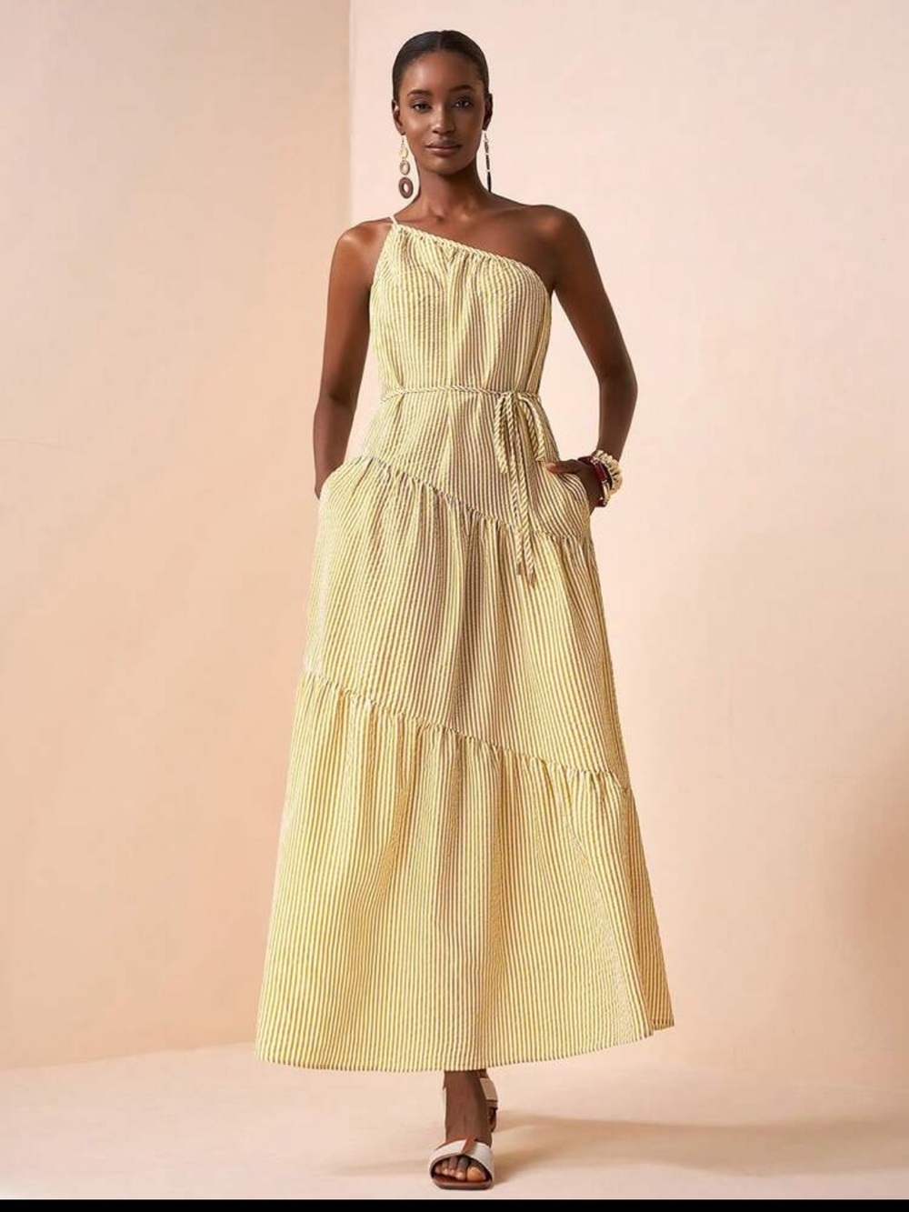 One-Shoulder Yellow Stripe Maxi Dress - Picture 6 of 9